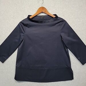 COS Stand Collar Boatneck Cotton Tunic Top 3/4 Sleeve Funnel Neck Navy Size 4